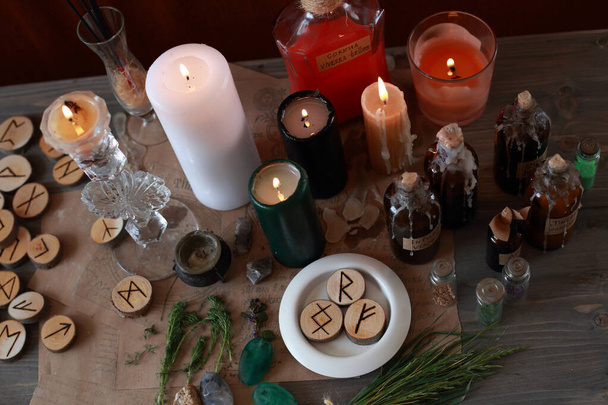 magic ritual with runes and pentagram and magical attributes - Foto, imagen