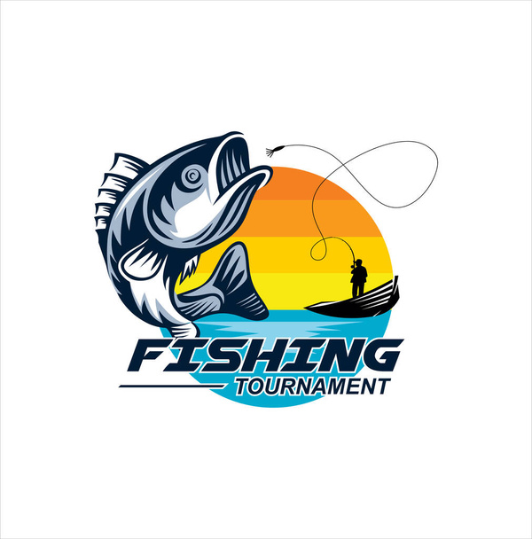 A halászati logó tervezési sablonja. Halászati logó sügér hal klub embléma halászat. Sporthorgász logó. halászlogó - Vektor, kép