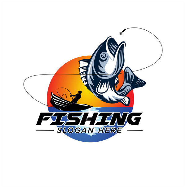 Шаблон дизайну логотипу для риболовлі. Риболовля логотипу бас-рибалка з клубною емблемою риболовлі. Логотип спортивної риболовлі. логотип рибалки
 - Вектор, зображення