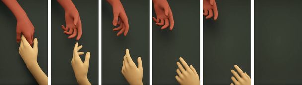 Pitämällä kädestä kiinni kohtaus animaatio. Orgaaniset maanläheiset lämpimät ruskeat värit. Pystysuora tie banneri sosiaalisen median virkaa. Tuki, apu ja suhde käsite. 3D-mallinnus. Tekstitila
. - Valokuva, kuva