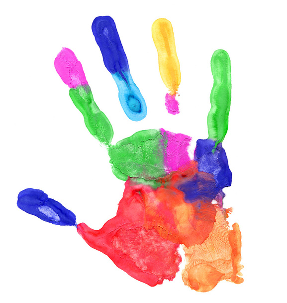 Закрыть цветной отпечаток руки на белом
 - Фото, изображение