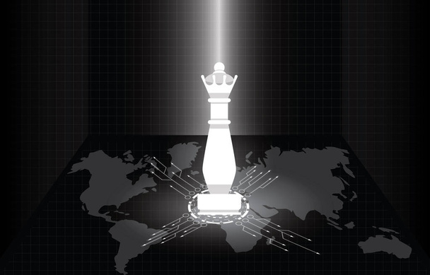 Λευκή βασίλισσα σκακιστική φιγούρα με παγκόσμιο χάρτη στο σκοτάδι. Επιχειρηματική ηγεσία, στρατηγική, παγκόσμιο στρατηγικό βήμα, εμπορικές έννοιες πολέμου και φορολογικής κρίσης. Ασπρόμαυρη διανυσματική απεικόνιση - Διάνυσμα, εικόνα