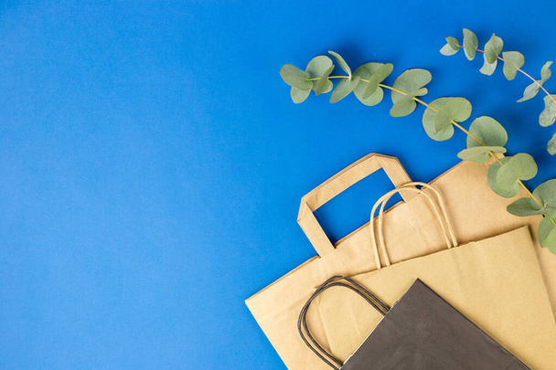 Black and Brown paper bags with handles and Eucalyptus Leaves on blue background. Flat lay banner, top view, copy space, zero waste, plastic free items. - Photo, Image