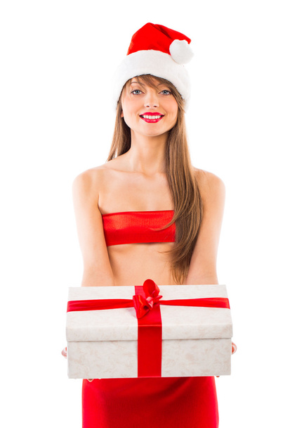 Beautiful Santa christmas girl with gift isolated on white - Фото, изображение
