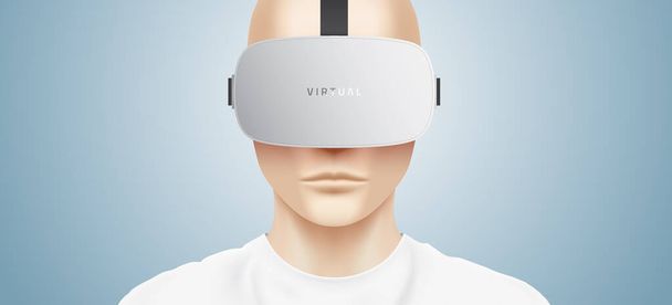Guy wearing a silver VR headset. - Vektori, kuva