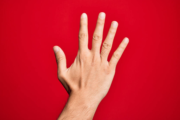 Mano de joven caucásico mostrando dedos sobre fondo rojo aislado contando número 5 mostrando cinco dedos - Foto, imagen