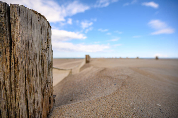 Close up of a wooden pole of the sea defences on the beach at Dunkirk. - Photo, Image