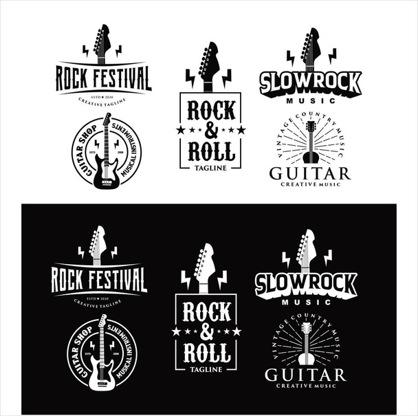 Zestaw logo gitary Vintage Hipster Retro, Logo Szkoły Gitary, logo Festival Music Rock, logo Rock n Roll, symbole, etykiety i elementy konstrukcyjne.  - Wektor, obraz