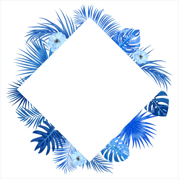 Tropical floral frame template, classic blue border of jungle palm leaves and flowers for postcard, wedding invitation, social networks, greeting card with place for text, vector background - Vektor, obrázek