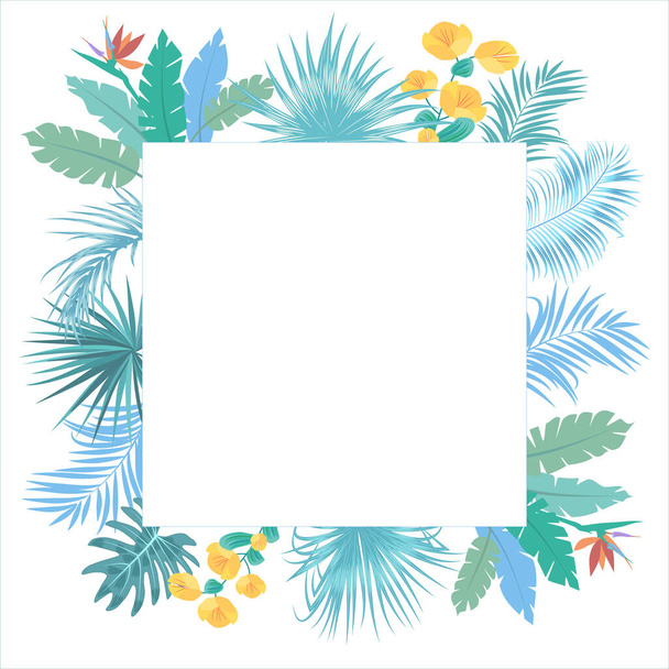 Tropical floral frame template, border of jungle palm leaves and flowers for postcard, wedding invitation, social networks, greeting card with place for text, vector background - Vektori, kuva