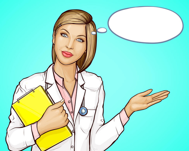 Doctor with stethoscope and book welcoming patients - Vector, Image