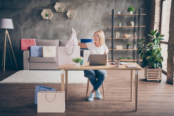 Portrait of her she nice attractive cheerful woman sitting in chair using laptop selling things packing order goods e-commerce cozy comfort modern loft brick industrial interior style house apartment - Zdjęcie, obraz