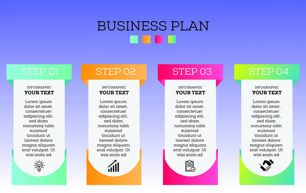Ilustración de plan de negocios, infografía, cuatro pasos, icono y fondo colorido y elementos
 - Vector, Imagen