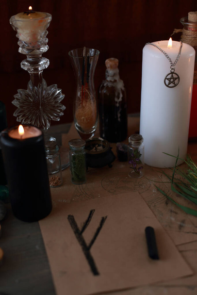 magic ritual with runes and pentagram and magical attributes - Fotoğraf, Görsel