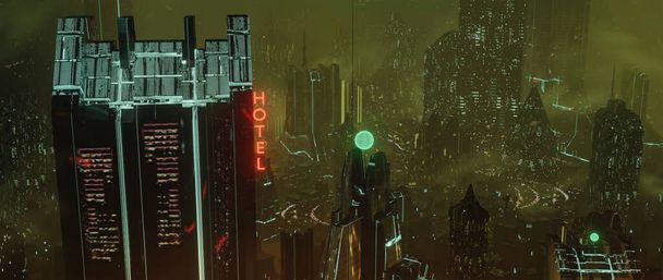 Sci-fi δυστοπίας μέλλον ξενοδοχείο σε ένα νέφος σκούρο πράσινο συννεφιασμένο πόλη με λαμπερά φώτα - ψηφιακή 3D εικονογράφηση - Φωτογραφία, εικόνα