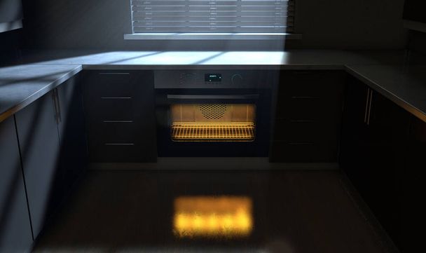 Een blik over een schone keuken met kasten en een gesloten lege hete oven met maanlicht door een raam - 3D render - Foto, afbeelding