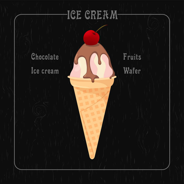 フルーツとチョコレートとワッフルカップの中のクリーミーなアイスクリーム. - ベクター画像