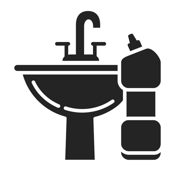 Λεκάνη και απορρυπαντικό μαύρο ανάγλυφο εικονίδιο. Καθαρισμός μπάνιου. Εικονόγραμμα για ιστοσελίδα, mobile app, promo. - Διάνυσμα, εικόνα