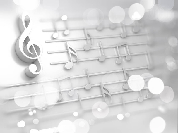 Abstrakter weißer Musikhintergrund, Noten und Symbole für Weihnachtslieder. Lied- und Melodiekonzept. 3D-Illustration für Musikfestivals und Jazz- und Popkonzerte. - Foto, Bild