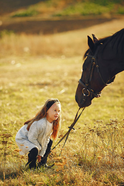 Cute little girl in a autumn field with horse - Photo, Image