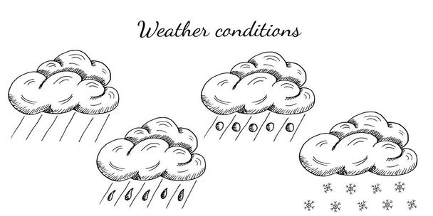 Eine Reihe von Wetterbedingungen - Regen, Regen, Hagel, Schnee. Wolken mit vereinzelten Niederschlägen auf weiß. Handgezeichnete Vektorillustration im skizzenhaften realistischen Stil. Konzept von Vorhersagen, Vorhersagen, Symbolen - Vektor, Bild