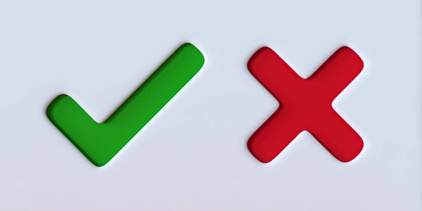 Πράσινο σημάδι ελέγχου και κόκκινο σταυρό σημάδι σε λευκό φόντο. Εγκρίθηκε πράσινο τσιμπούρι και απορρίφθηκε σταυρό κόκκινο με 3d αποτέλεσμα. 3D εικονογράφηση - Φωτογραφία, εικόνα