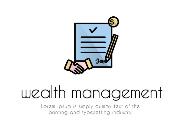 Finanzen. Wealth Management Logo. Finanzdienstleistungen. Das Emblem ist ein Dokument, auf dem ein Bleistift, ein Handschlag, eine Münze, die Inschrift Vermögensverwaltung - Vektor, Bild