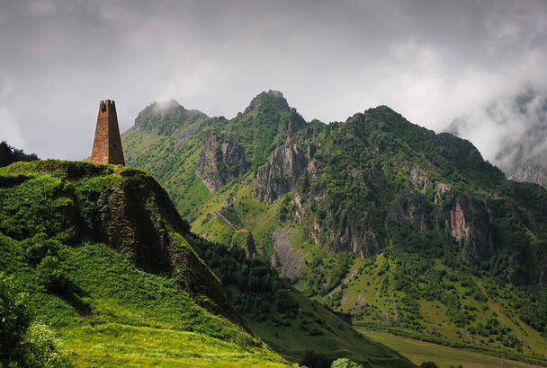 toren in Georgië en bergen - Foto, afbeelding