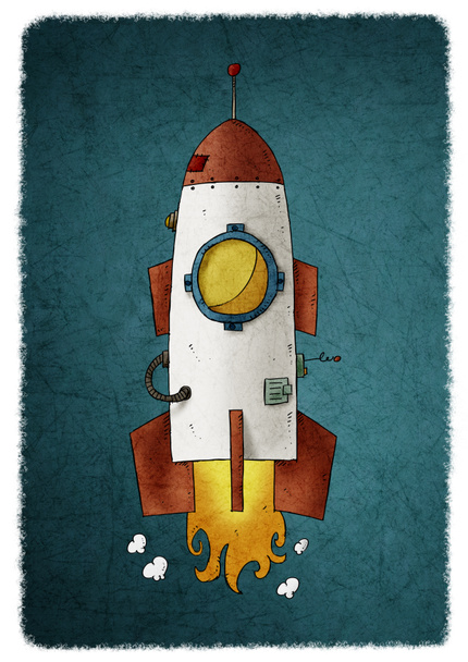 ilustración infantil de un cohete espacial despegando y liberando fuego y humo
. - Foto, Imagen