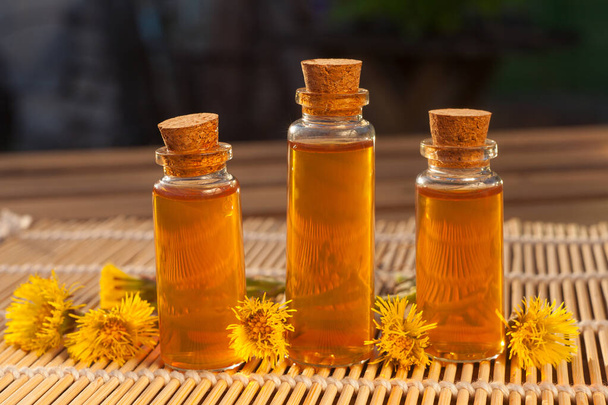 foalfoot óleo essencial em uma bela garrafa na mesa
 - Foto, Imagem