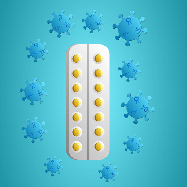 Tabletki medyczne żółty lek w blistrze i śmiertelnie niebezpieczne zakażenie koronawirusem choroba covid-19 pandemia Wirus molekuła na niebieskim tle - Wektor, obraz