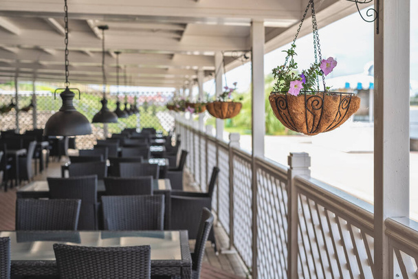 flowerbeds with petunias are suspended from the ceiling of the summer cafe. Natural light. Bright sunny day - Фото, изображение