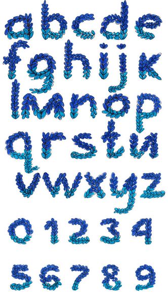 Αγγλικό αλφάβητο σχεδίασης σε μπλε-βιολετί τόνους με γράμματα που μιμούνται το πλέξιμο σε λευκό φόντο - Φωτογραφία, εικόνα