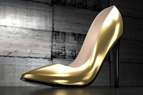 Golden high heel shoe - 3D illustration - Фото, изображение