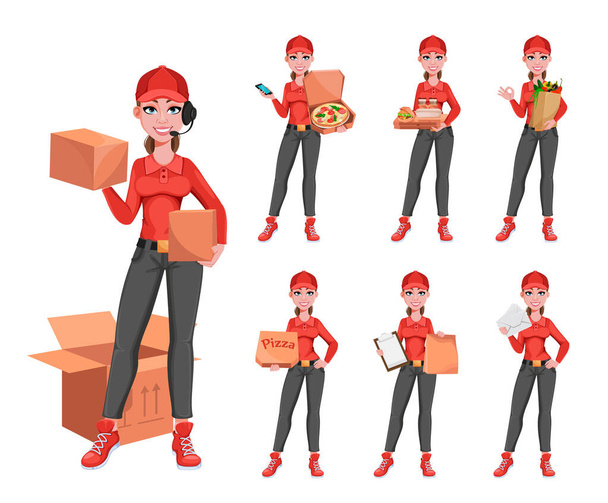 Happy courier woman, set of seven poses. Delivery service concept. Cheerful delivery woman cartoon character. Vector illustration - Vector, Image