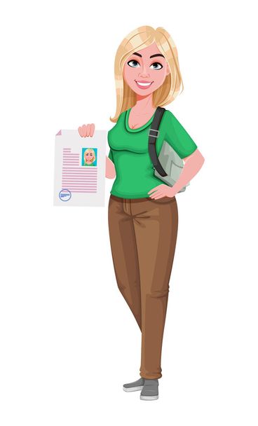 Jeune étudiante heureuse tenant un document signé. Joyeux adolescent femme personnage de dessin animé étudiant. Illustration vectorielle
 - Vecteur, image