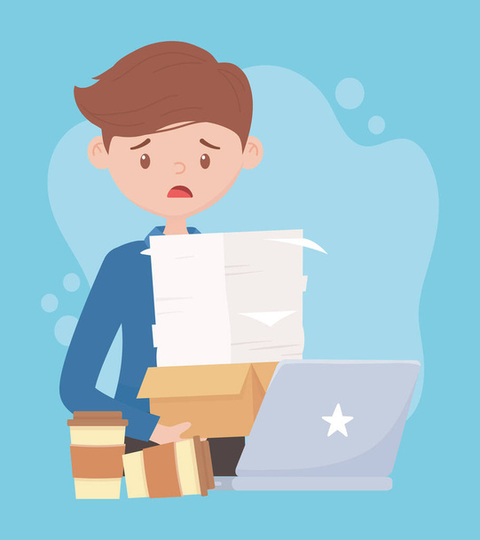 stress at work, stressed employee carrying stacked papers, coffee cups and laptop office - Vector, Image