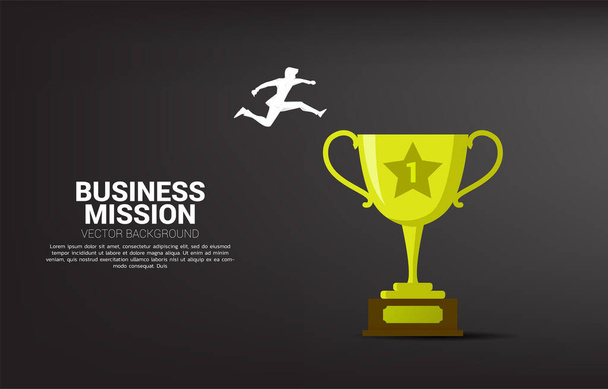 Silhouette of businessman jumping to golden trophy. Concept for business risk and challenge in career path - Vector, Image