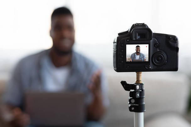 Blogging On Quarantine. Camera Recording Video Content For Young Black Influencer - Fotó, kép