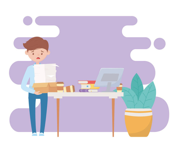 stress at work, frustrated worker with many documents desk with laptop books - Vector, Image
