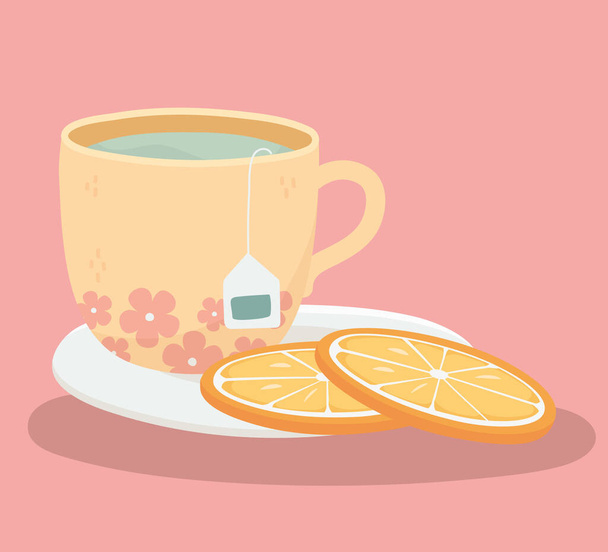 tea time, teacup and slice oranges in plate design - Вектор, зображення