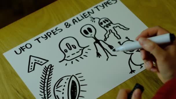 image on paper of different space creatures and UFOs - Footage, Video