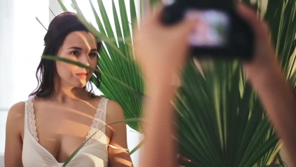 Professional photographer takes pictures of a sexy charming millennial girl in beautiful underwear wrapped in a blanket near a palm flower. Morning photo session of luxurious young bride in the room. - Footage, Video
