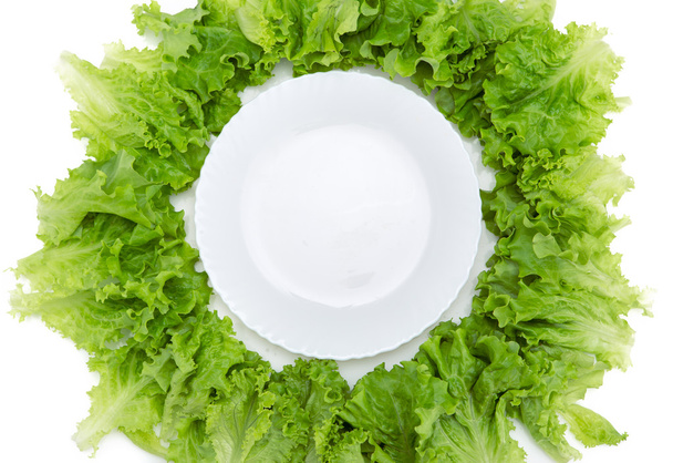 Close up view of empty plate and lettuce around - 写真・画像