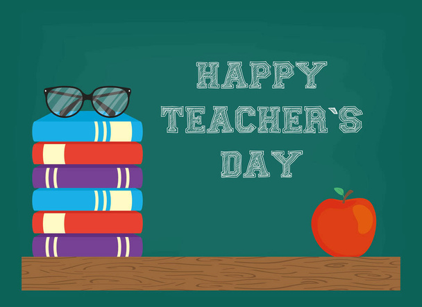 boldog tanárok napi ünnepség táblával és könyvekkel - Vektor, kép