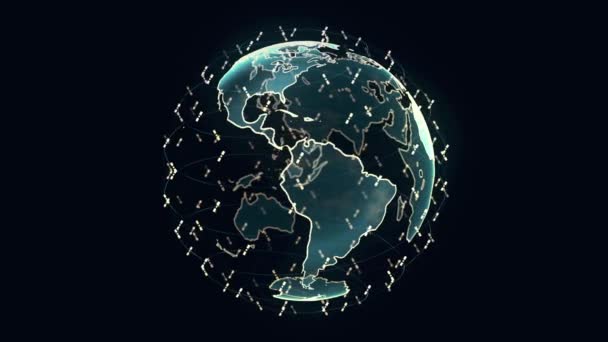 Digital Earth data globe - abstraktní 3D vykreslování satelity Starlink připojení k síti po celém světě. satelity vytvořit jeden web nebo Skybridge okolní planetu přenášející složitost velkých dat zaplavit - Záběry, video