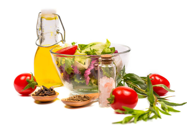 Fresh spring vegetables, salad, spices on a white background - Фото, зображення