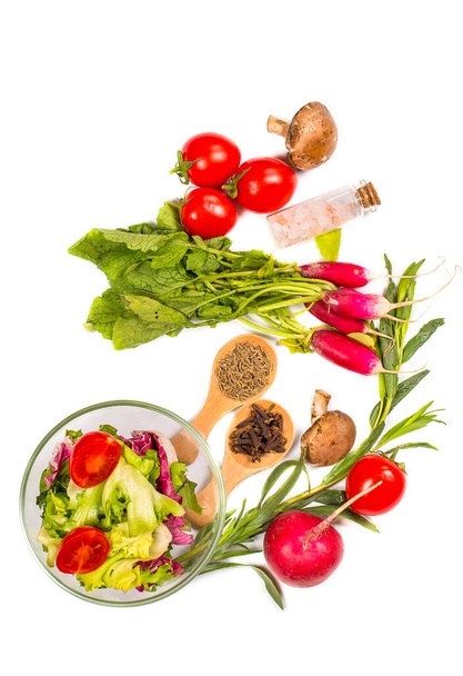 Fresh spring vegetables, salad, spices on a white background - 写真・画像
