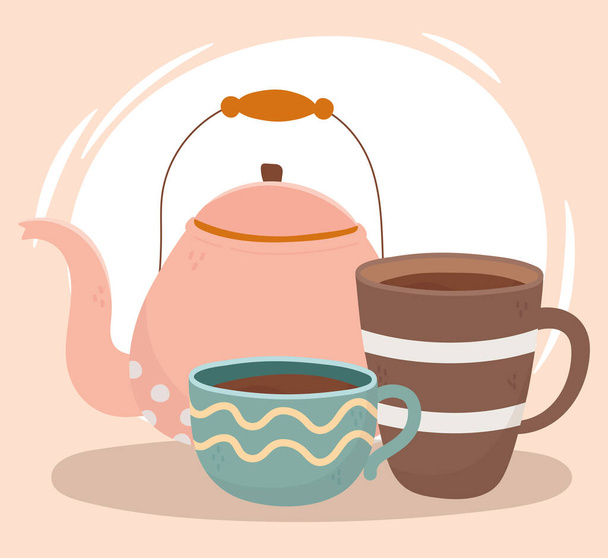 coffee time, kettle and cups porcelain fresh aroma beverage - Vector, Image
