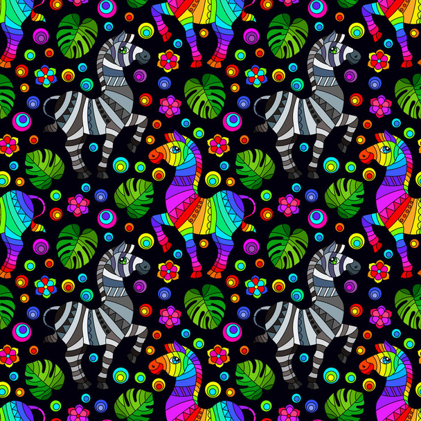 Nahtloses Muster mit Zebras, leuchtenden Regenbogentieren, Blumen und Blättern auf dunklem Hintergrund - Vektor, Bild